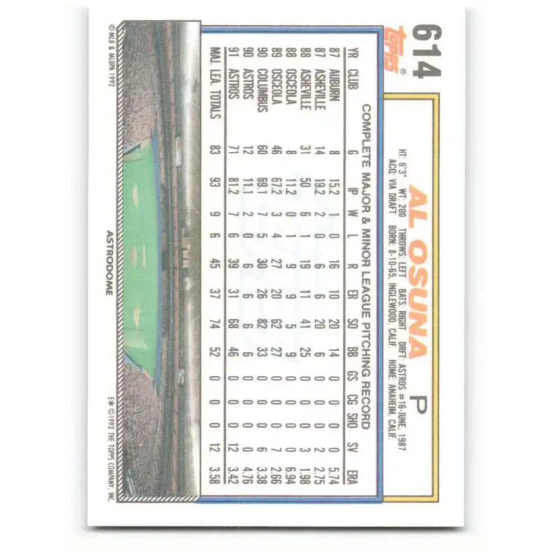 1992 Topps #614 Al Osuna NM-MT Houston Astros Baseball Card - Baseball Card Single