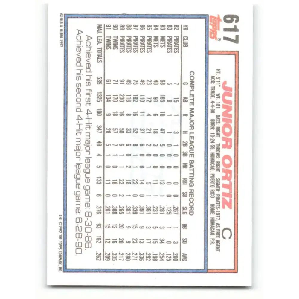 1992 Topps #617 Junior Ortiz NM-MT Minnesota Twins Baseball Card - Baseball Card Single