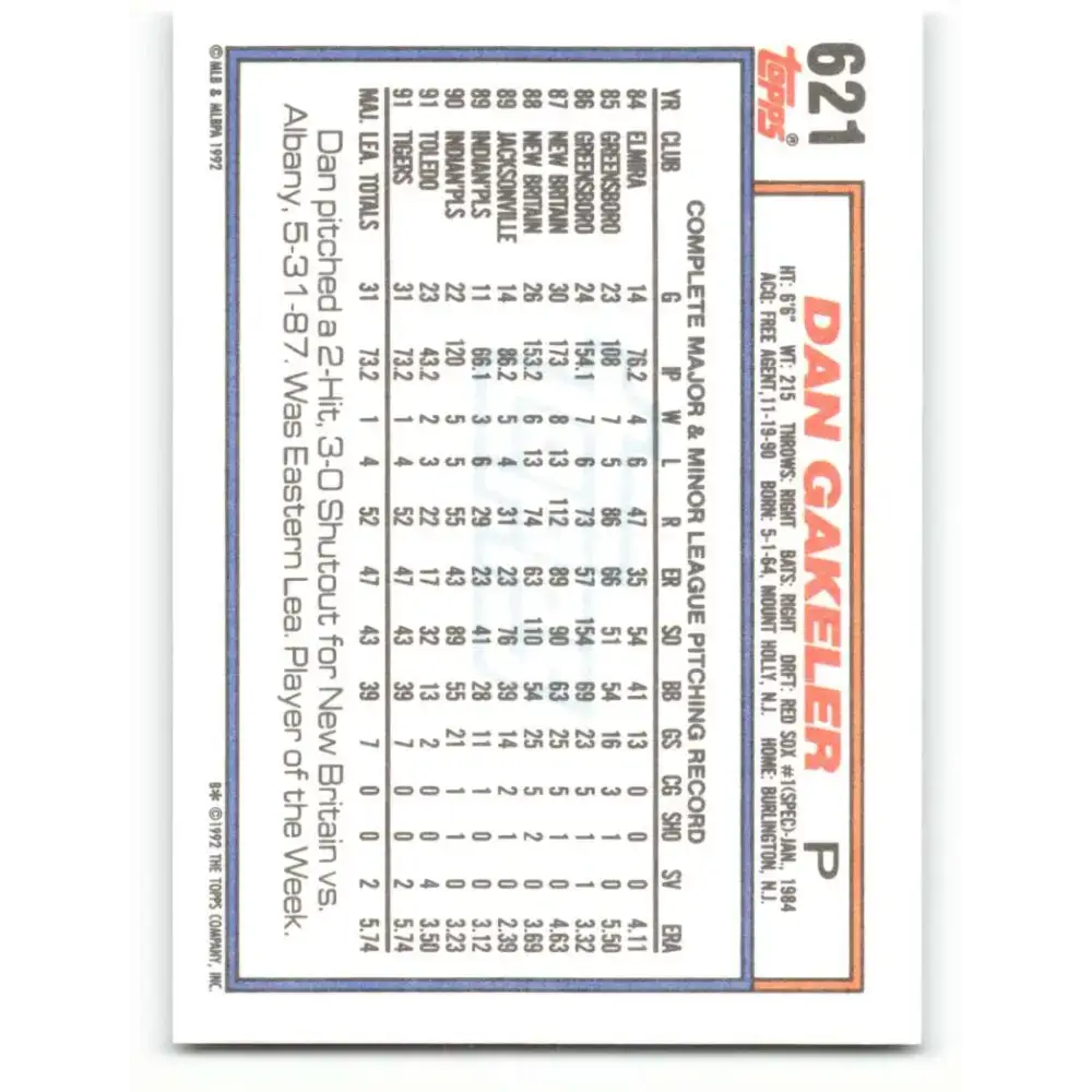 1992 Topps #621 Dan Gakeler NM-MT Detroit Tigers Baseball Card - Baseball Card Single