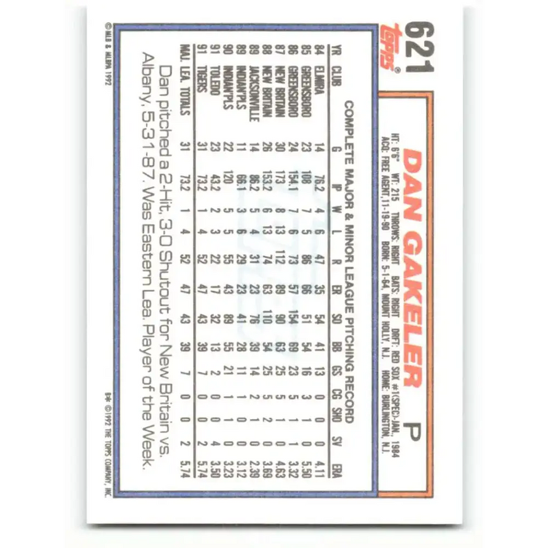 1992 Topps #621 Dan Gakeler NM-MT Detroit Tigers Baseball Card - Baseball Card Single