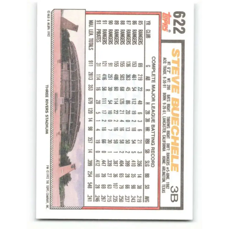 1992 Topps #622 Steve Buechele NM-MT Pittsburgh Pirates Baseball Card - Baseball Card Single