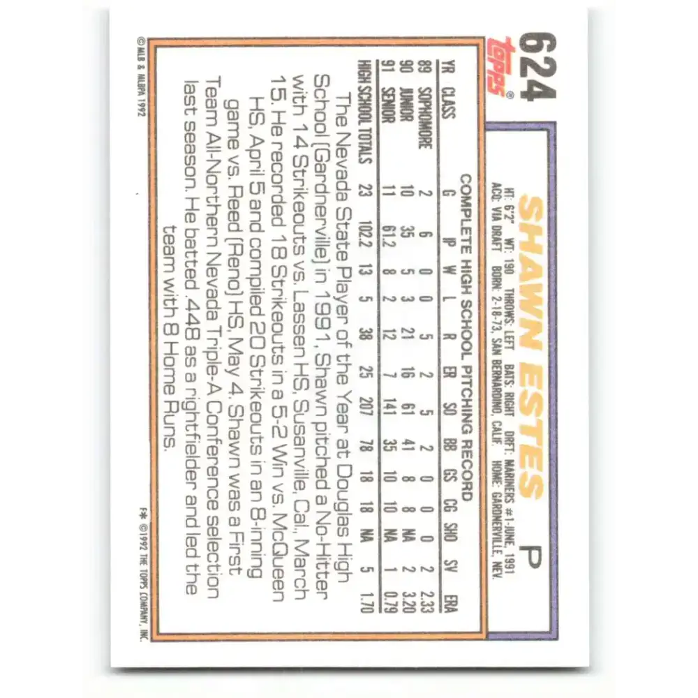1992 Topps #624 Shawn Estes NM-MT RC Rookie Seattle Mariners Baseball Card - Baseball Card Single