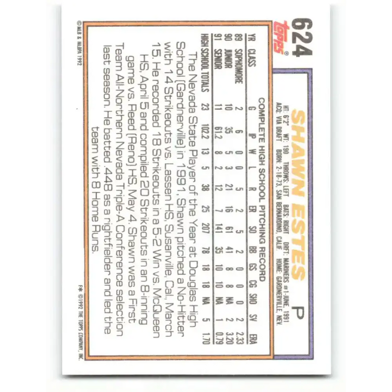 1992 Topps #624 Shawn Estes NM-MT RC Rookie Seattle Mariners Baseball Card - Baseball Card Single