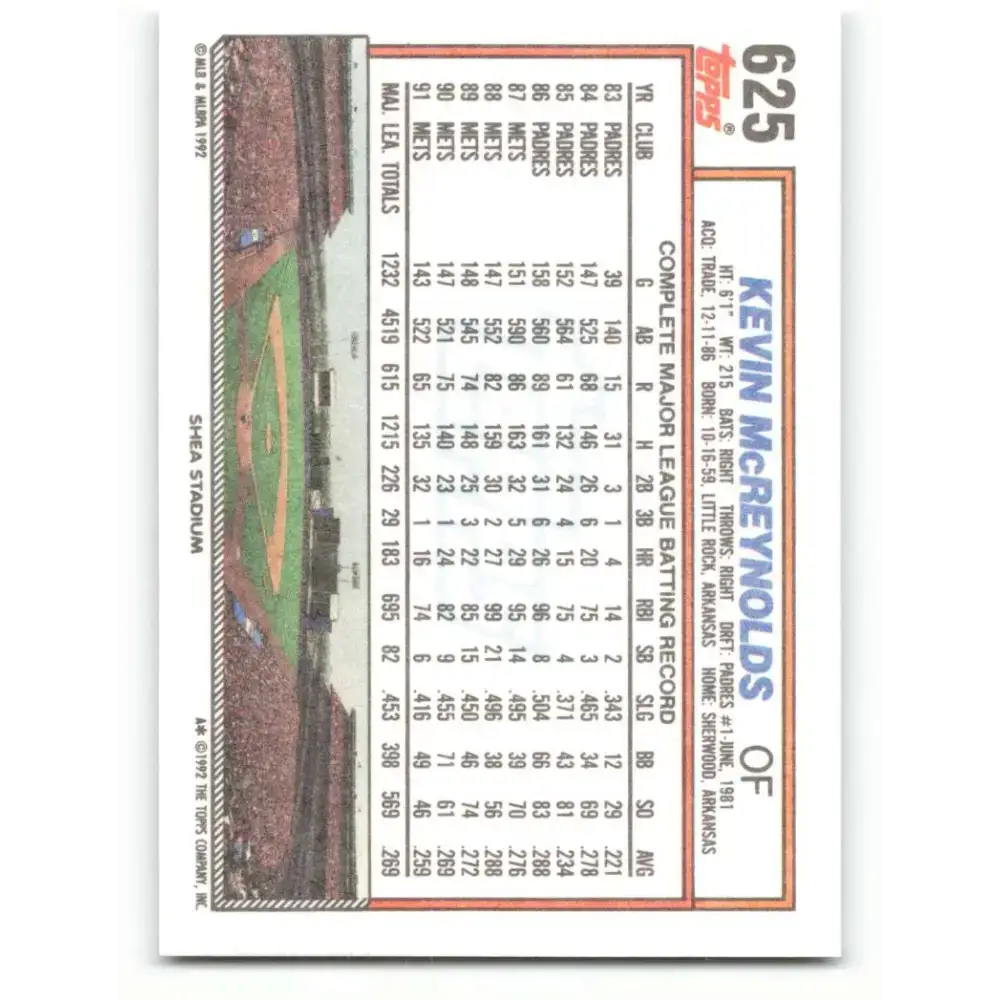 1992 Topps #625 Kevin McReynolds NM-MT New York Mets Baseball Card - Baseball Card Single
