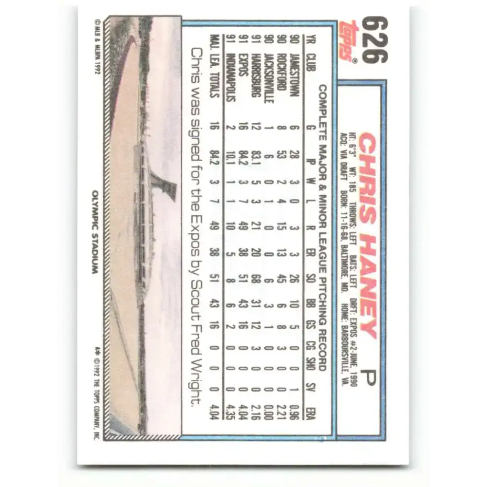 1992 Topps #626 Chris Haney NM-MT Montreal Expos Baseball Card - Baseball Card Single