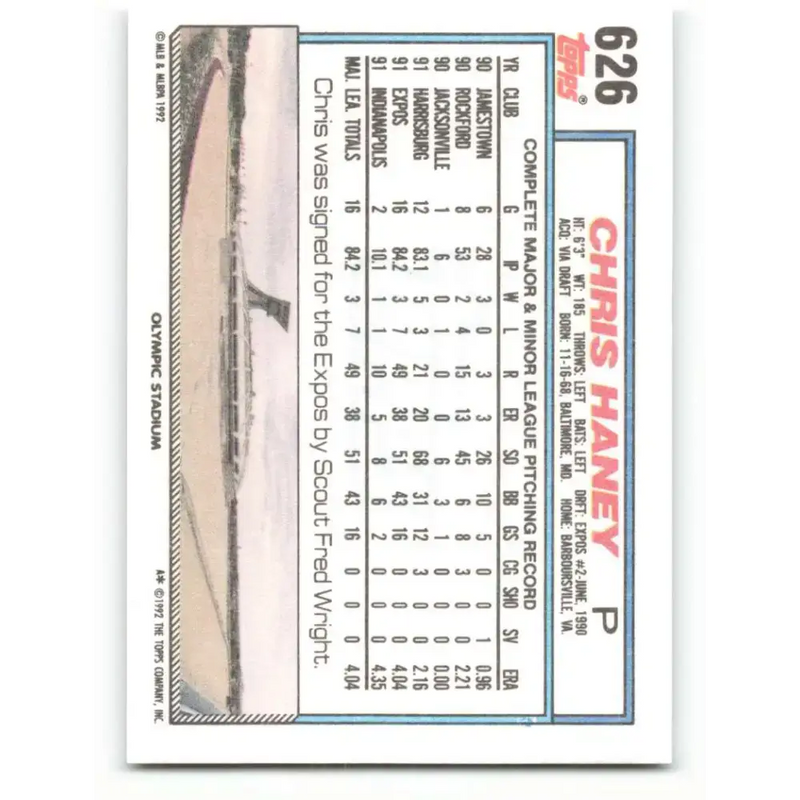 1992 Topps #626 Chris Haney NM-MT Montreal Expos Baseball Card - Baseball Card Single