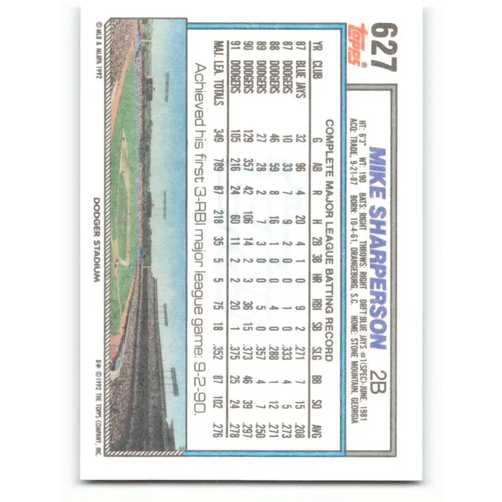 1992 Topps #627 Mike Sharperson NM-MT Los Angeles Dodgers Baseball Card - Baseball Card Single