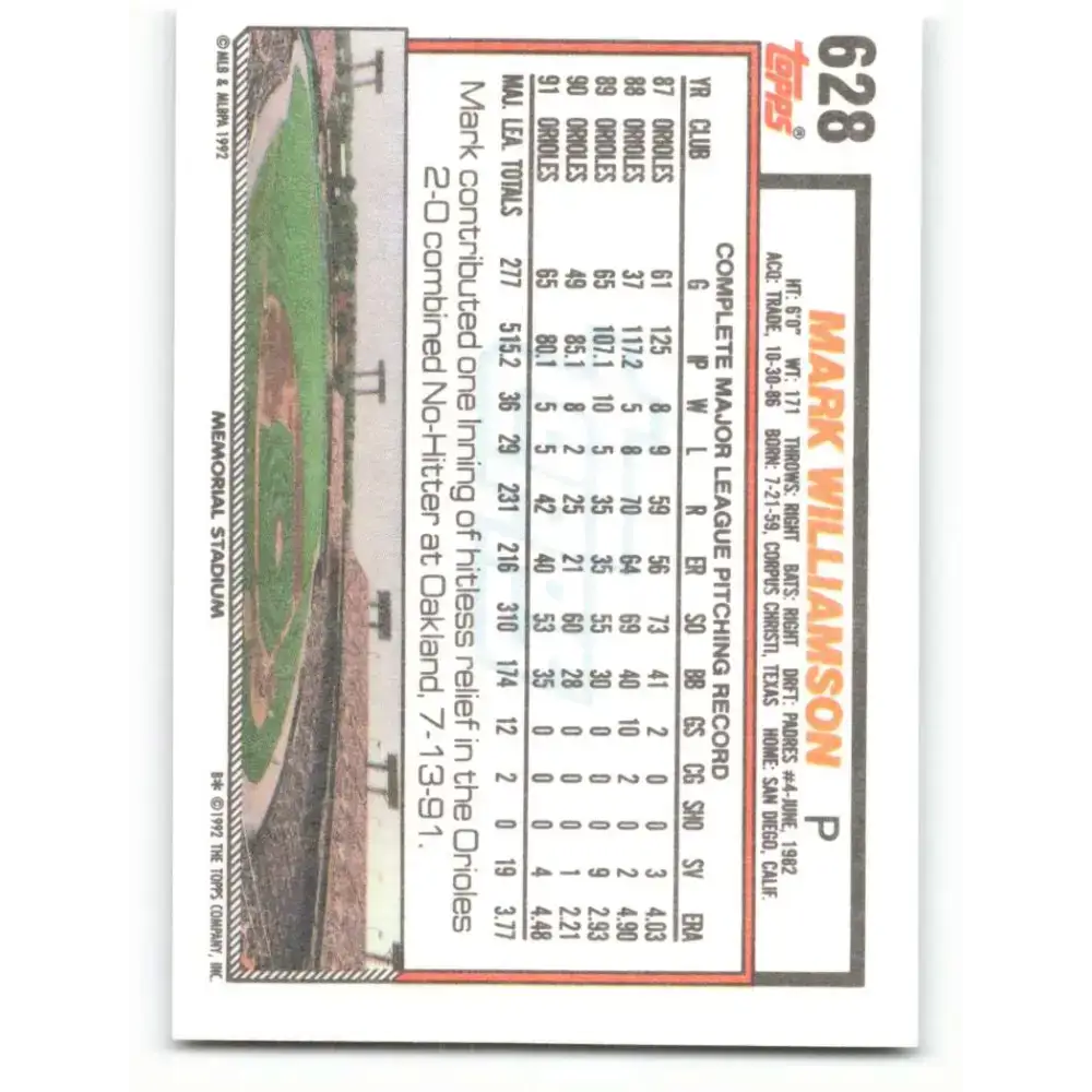 1992 Topps #628 Mark Williamson NM-MT Baltimore Orioles Baseball Card - Baseball Card Single