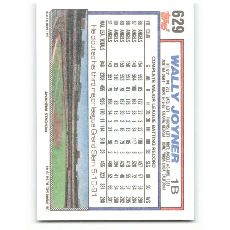 1992 Topps #629 Wally Joyner NM-MT California Angels Baseball Card - Baseball Card Single
