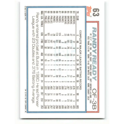 1992 Topps #63 Randy Ready EX Excellent Philadelphia Phillies Baseball Card - Baseball Card