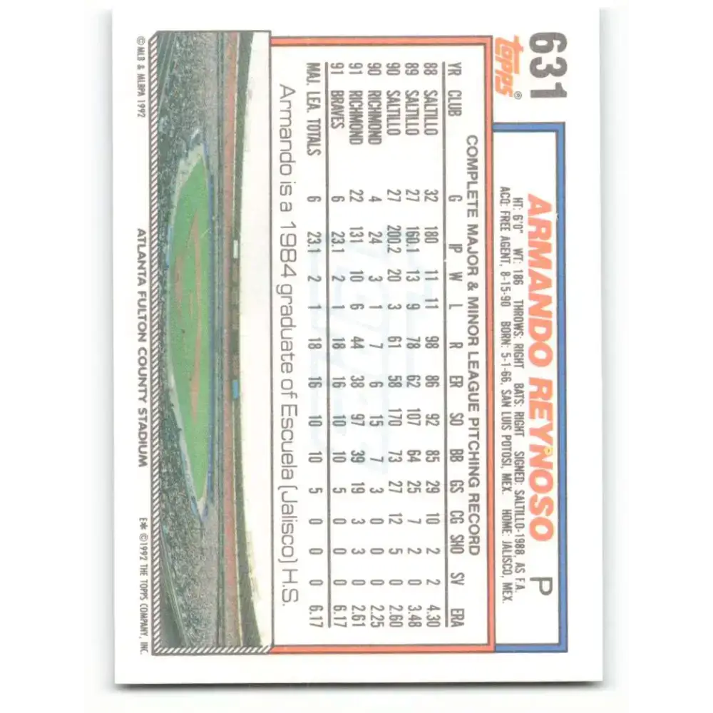 1992 Topps #631 Armando Reynoso NM-MT RC Rookie Atlanta Braves Baseball Card - Baseball Card Single