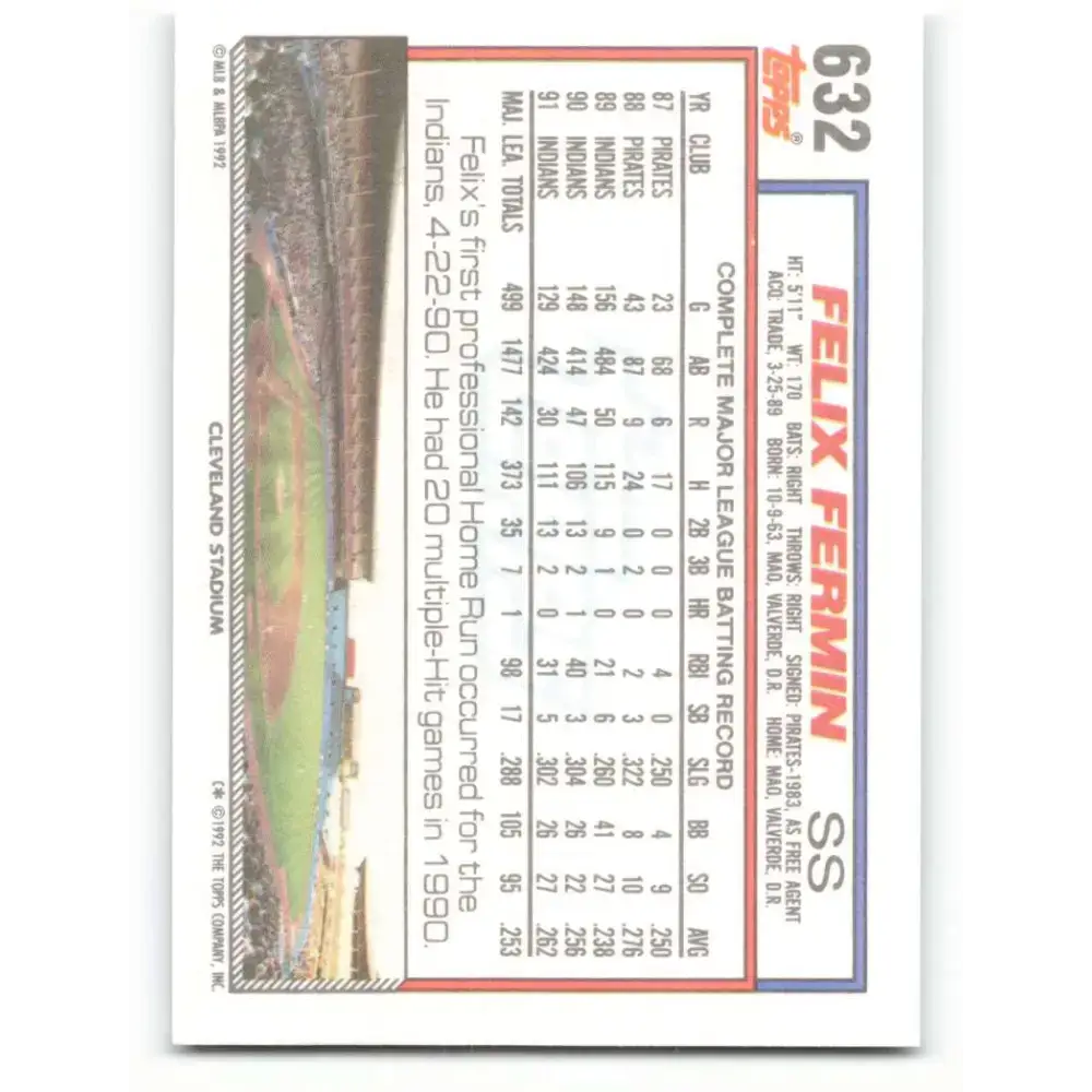 1992 Topps #632 Felix Fermin NM-MT Cleveland Indians Baseball Card - Baseball Card Single