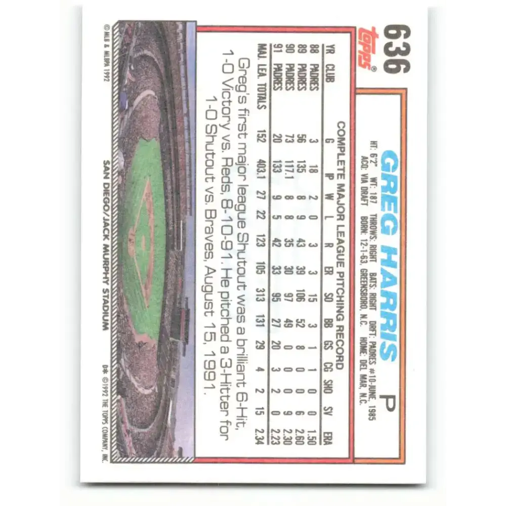 1992 Topps #636 Greg Harris NM-MT San Diego Padres Baseball Card - Baseball Card Single