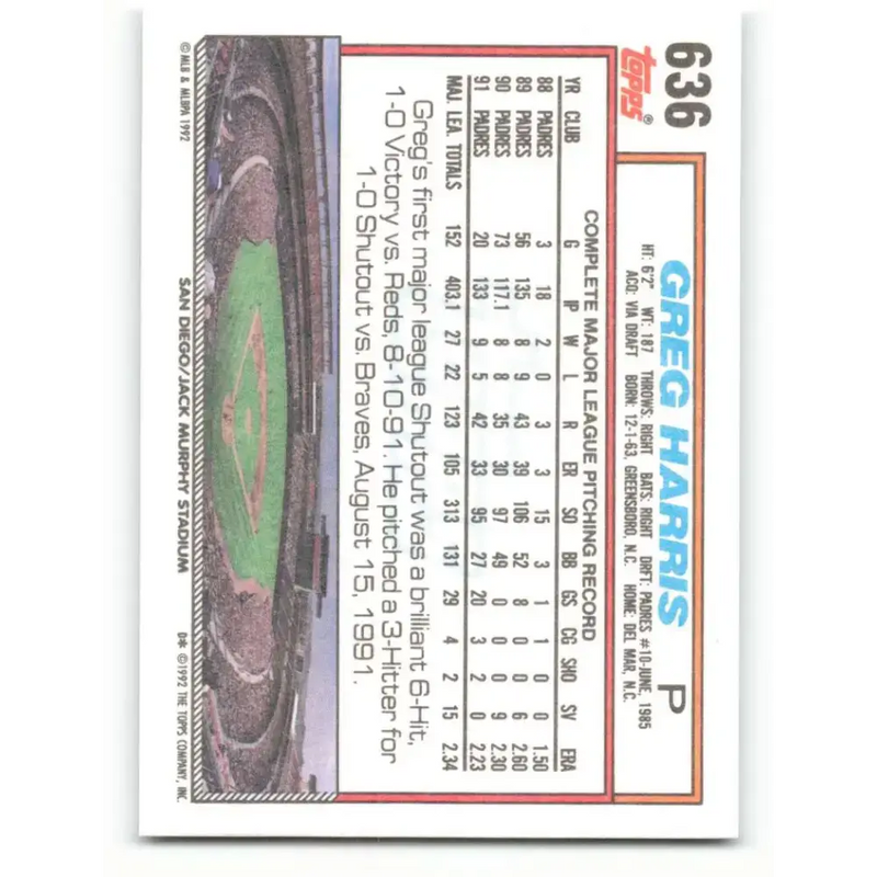 1992 Topps #636 Greg Harris NM-MT San Diego Padres Baseball Card - Baseball Card Single