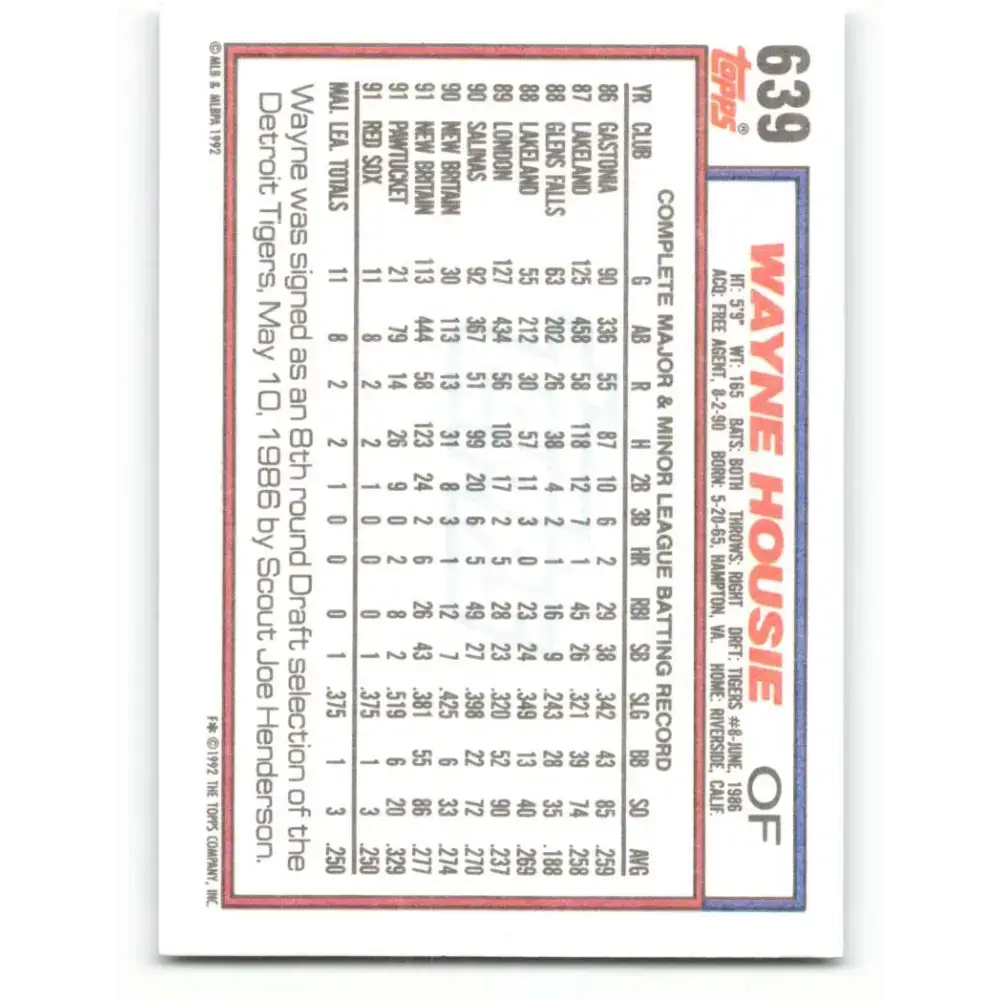 1992 Topps #639 Wayne Housie NM-MT RC Rookie Boston Red Sox Baseball Card - Baseball Card Single