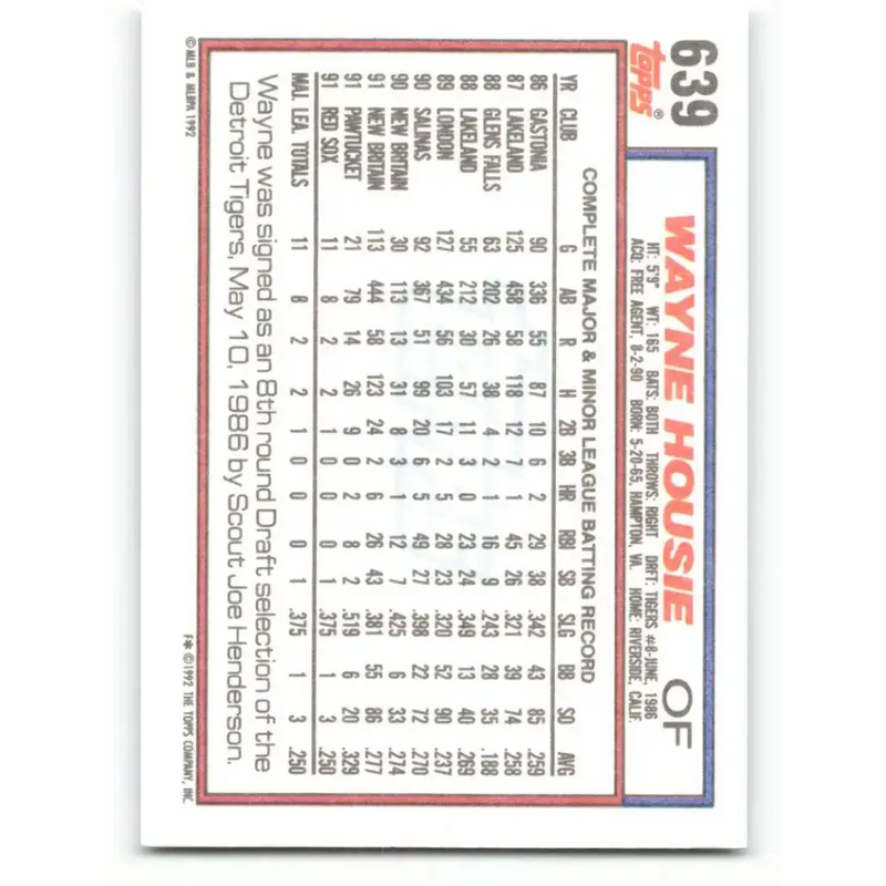 1992 Topps #639 Wayne Housie NM-MT RC Rookie Boston Red Sox Baseball Card - Baseball Card Single