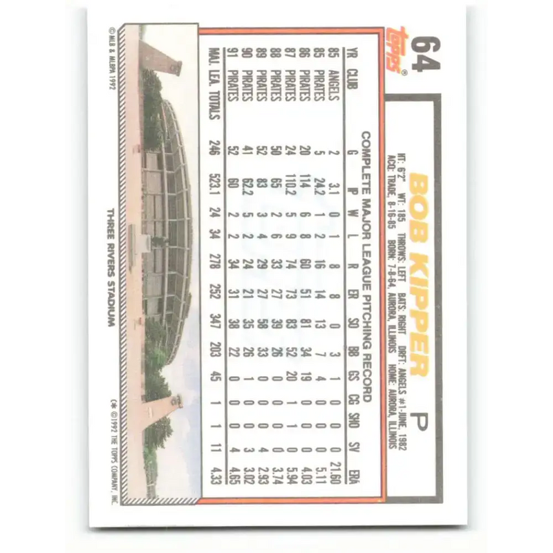 1992 Topps #64 Bob Kipper EX Excellent Pittsburgh Pirates Baseball Card - Baseball Card Single