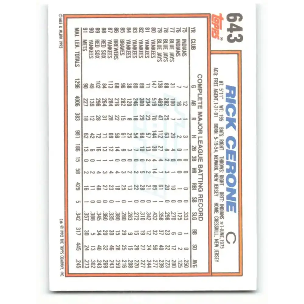 1992 Topps #643 Rick Cerone EX Excellent New York Mets Baseball Card - Baseball Card