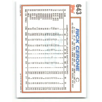 1992 Topps #643 Rick Cerone EX Excellent New York Mets Baseball Card - Baseball Card