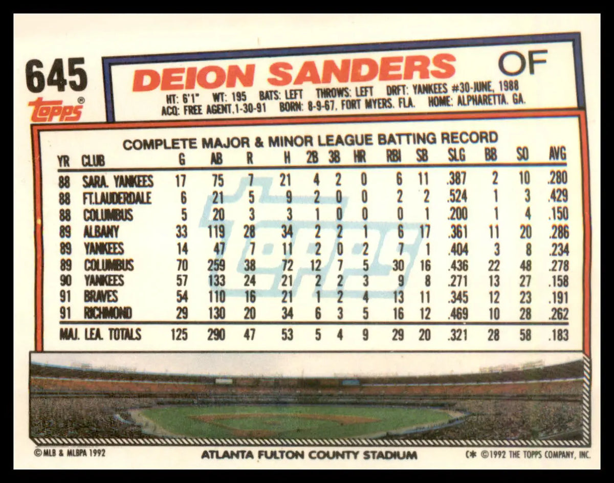 1992 Topps #645 Deion Sanders - Baseball Card Single