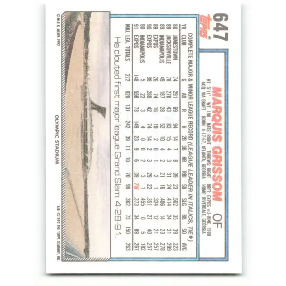 1992 Topps #647 Marquis Grissom NM-MT Montreal Expos Baseball Card