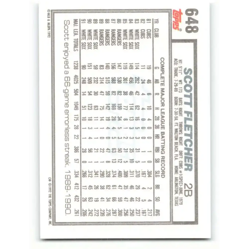 1992 Topps #648 Scott Fletcher NM-MT Chicago White Sox Baseball Card - Baseball Card Single
