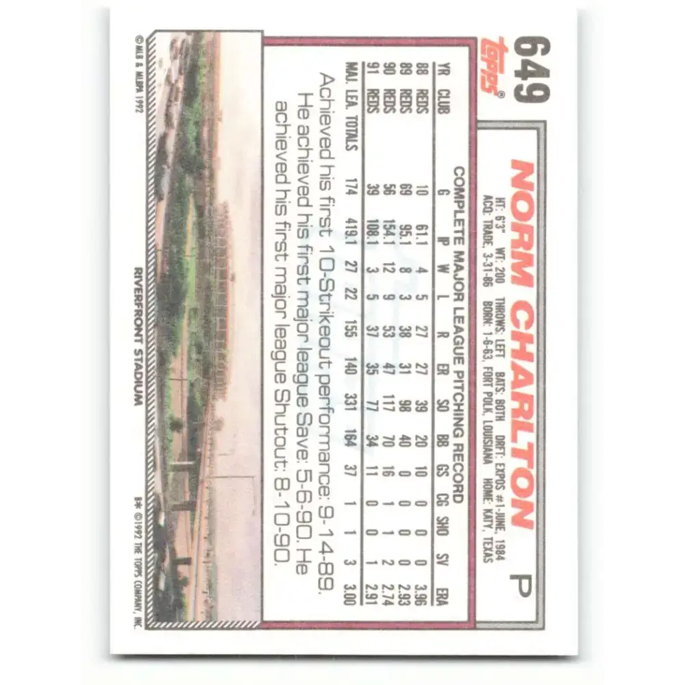 1992 Topps #649 Norm Charlton NM-MT Cincinnati Reds Baseball Card - Baseball Card Single