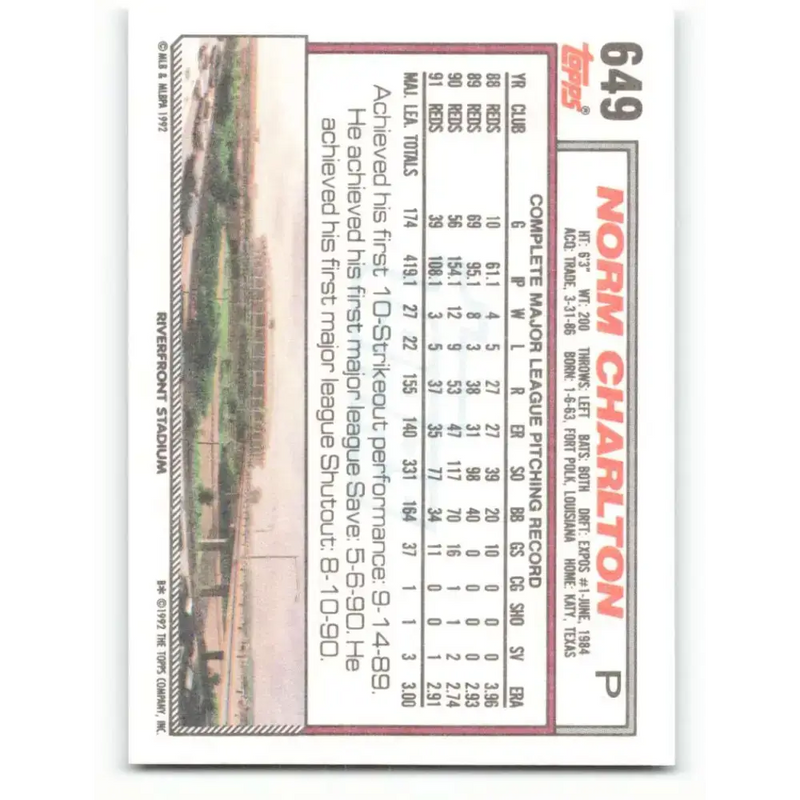 1992 Topps #649 Norm Charlton NM-MT Cincinnati Reds Baseball Card - Baseball Card Single