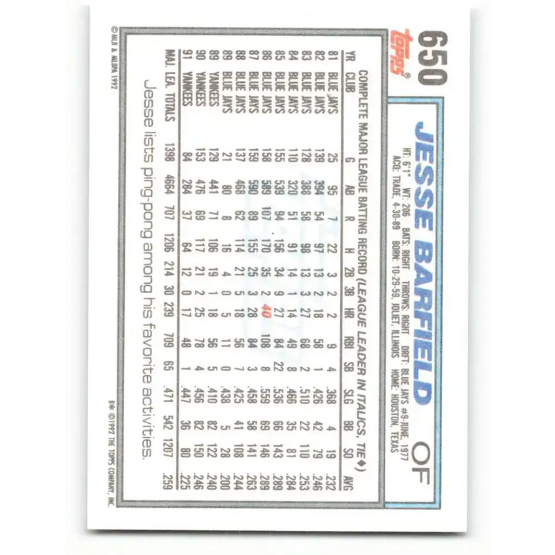 1992 Topps #650 Jesse Barfield NM-MT New York Yankees Baseball Card - Baseball Card Single