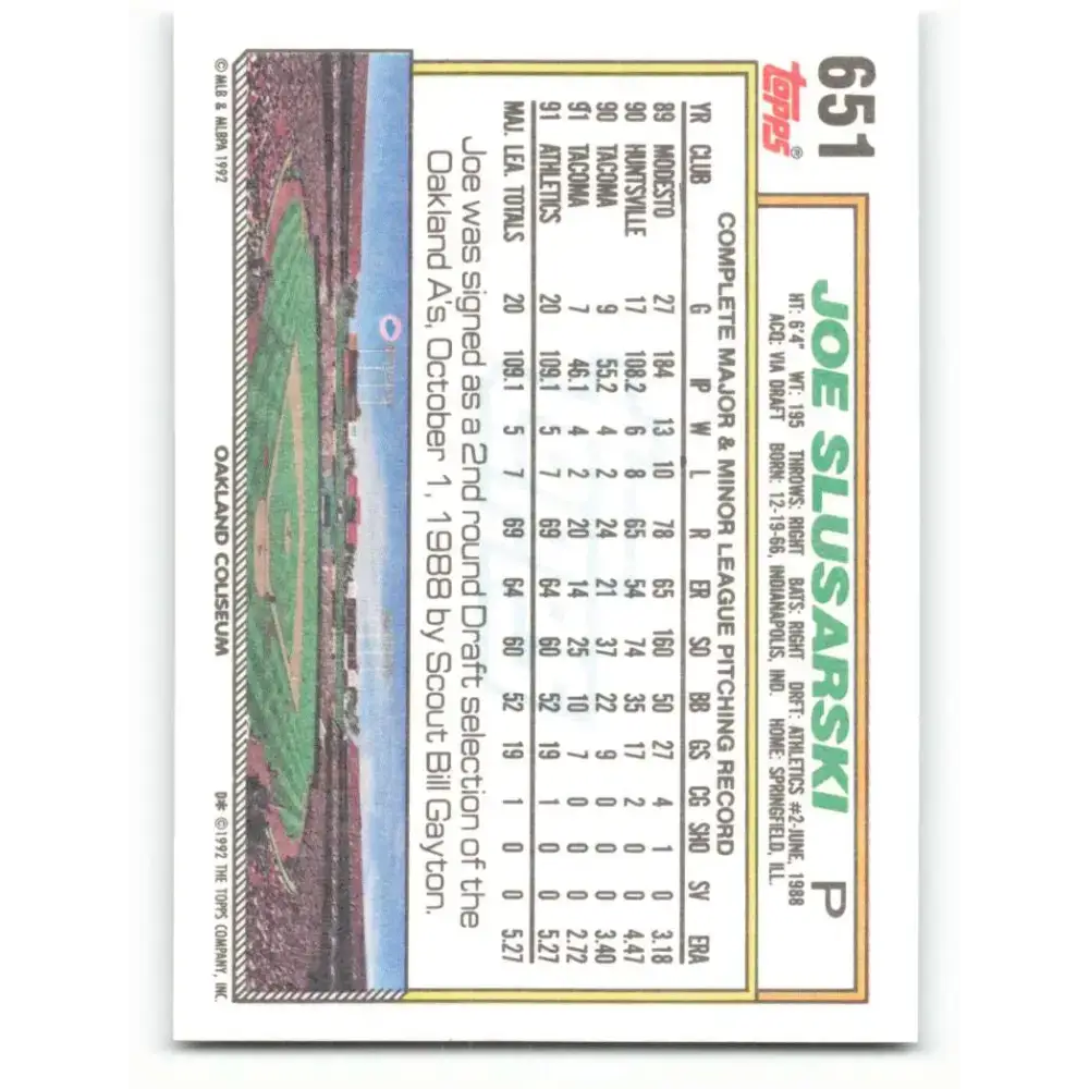 1992 Topps #651 Joe Slusarski NM-MT Oakland Athletics Baseball Card - Baseball Card Single