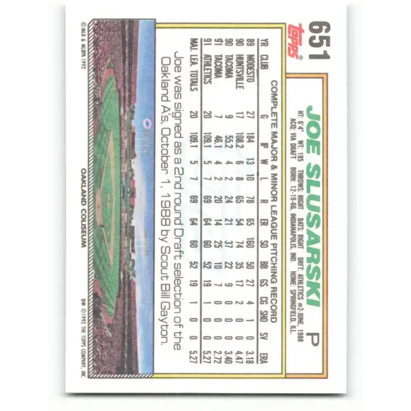1992 Topps #651 Joe Slusarski NM-MT Oakland Athletics Baseball Card - Baseball Card Single
