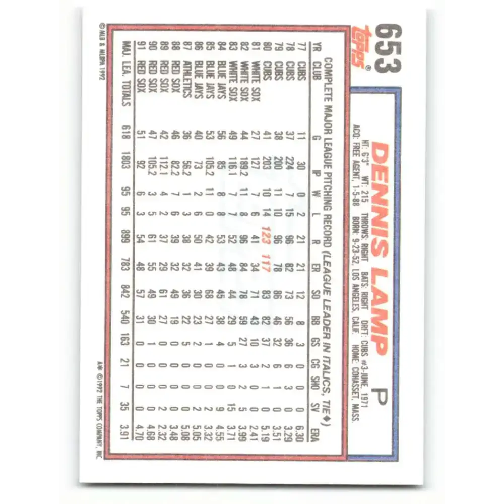 1992 Topps #653 Dennis Lamp NM-MT Boston Red Sox Baseball Card - Baseball Card Single