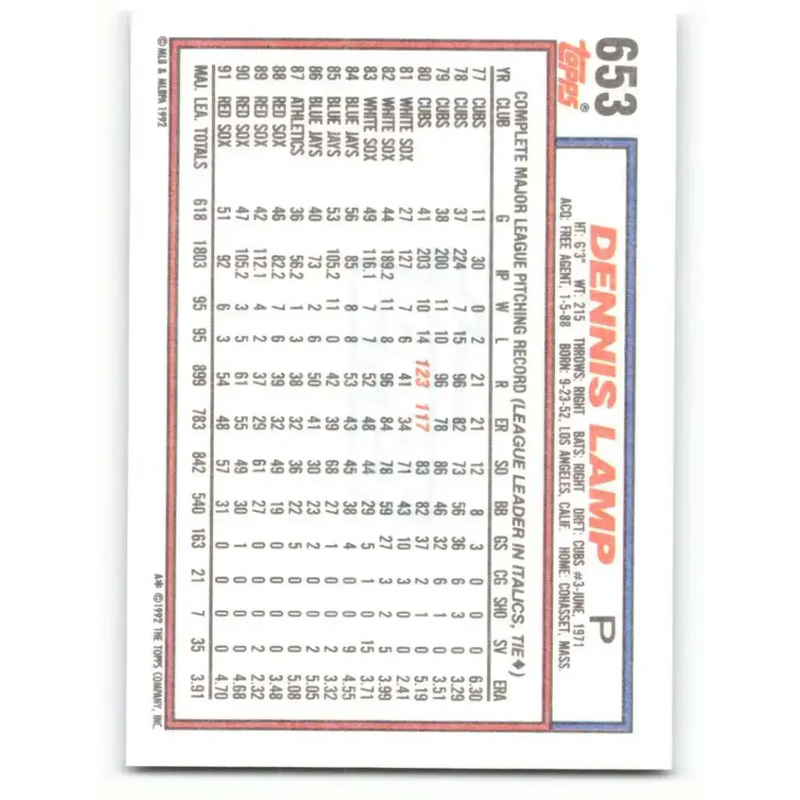 1992 Topps #653 Dennis Lamp NM-MT Boston Red Sox Baseball Card - Baseball Card Single