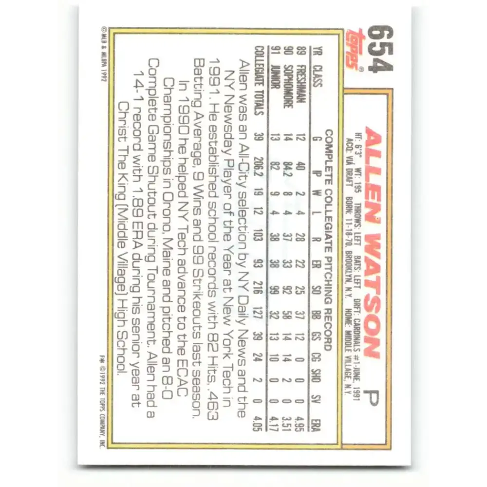 1992 Topps #654 Allen Watson NM-MT RC Rookie St. Louis Cardinals Baseball Card - Baseball Card Single