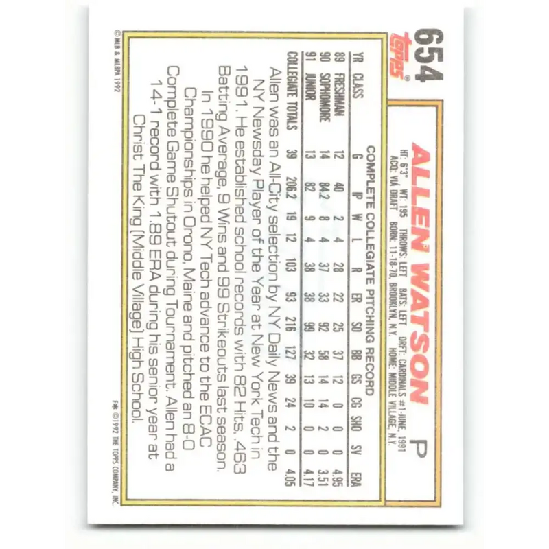 1992 Topps #654 Allen Watson NM-MT RC Rookie St. Louis Cardinals Baseball Card - Baseball Card Single