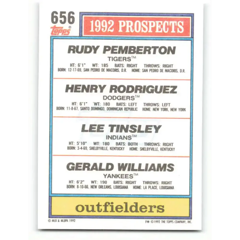1992 Topps #656 Rudy Pemberton/Henry Rodriguez/Lee Tinsley/Gerald Williams NM-MT RC Rookie Detroit Tigers/Los Angeles