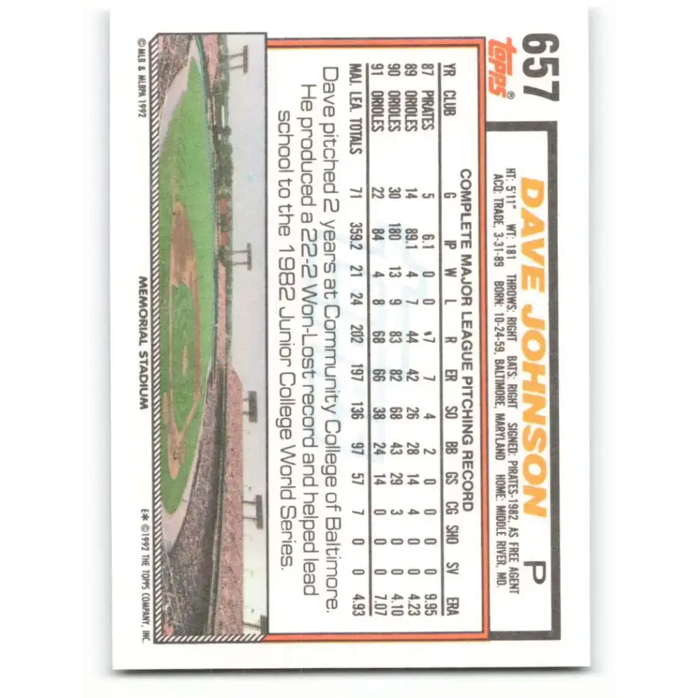 1992 Topps #657 Dave Johnson NM-MT Baltimore Orioles Baseball Card - Baseball Card Single