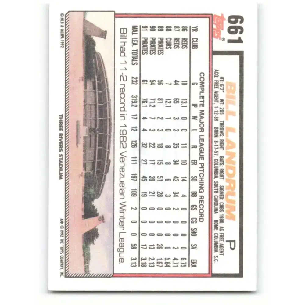 1992 Topps #661 Bill Landrum EX Excellent Pittsburgh Pirates Baseball Card - Baseball Card Single