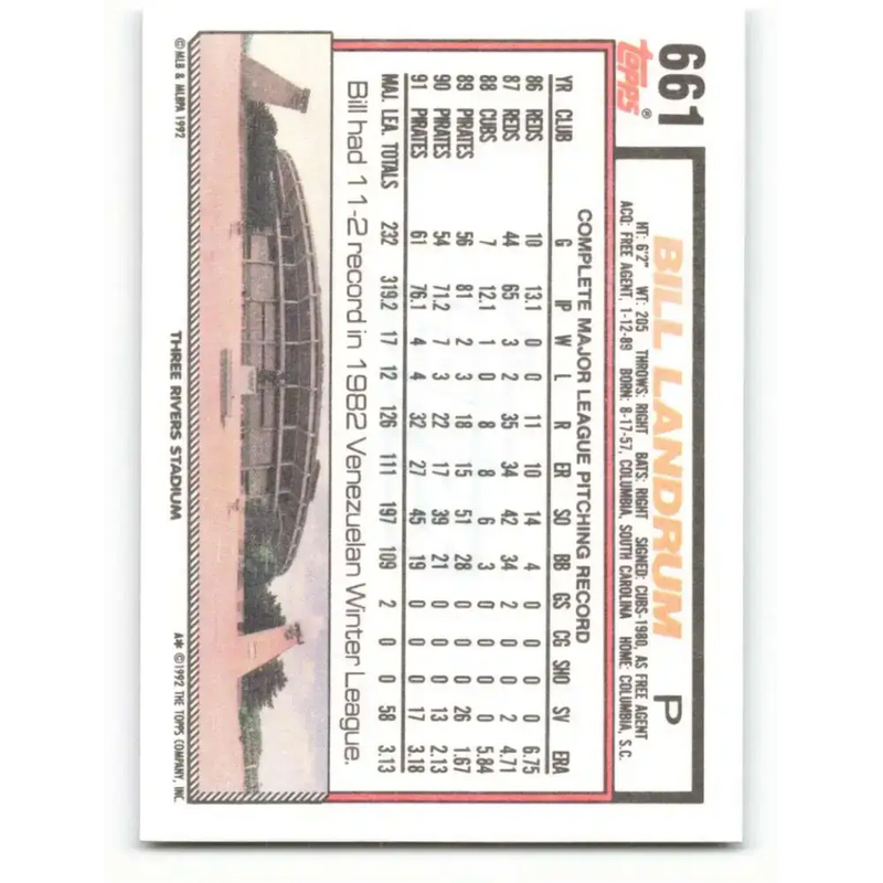 1992 Topps #661 Bill Landrum EX Excellent Pittsburgh Pirates Baseball Card - Baseball Card Single