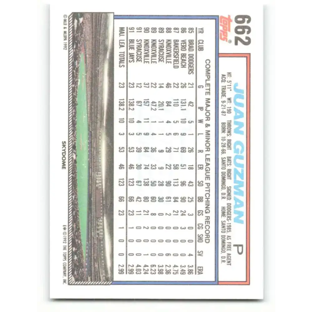1992 Topps #662 Juan Guzman NM-MT Toronto Blue Jays Baseball Card - Baseball Card Single