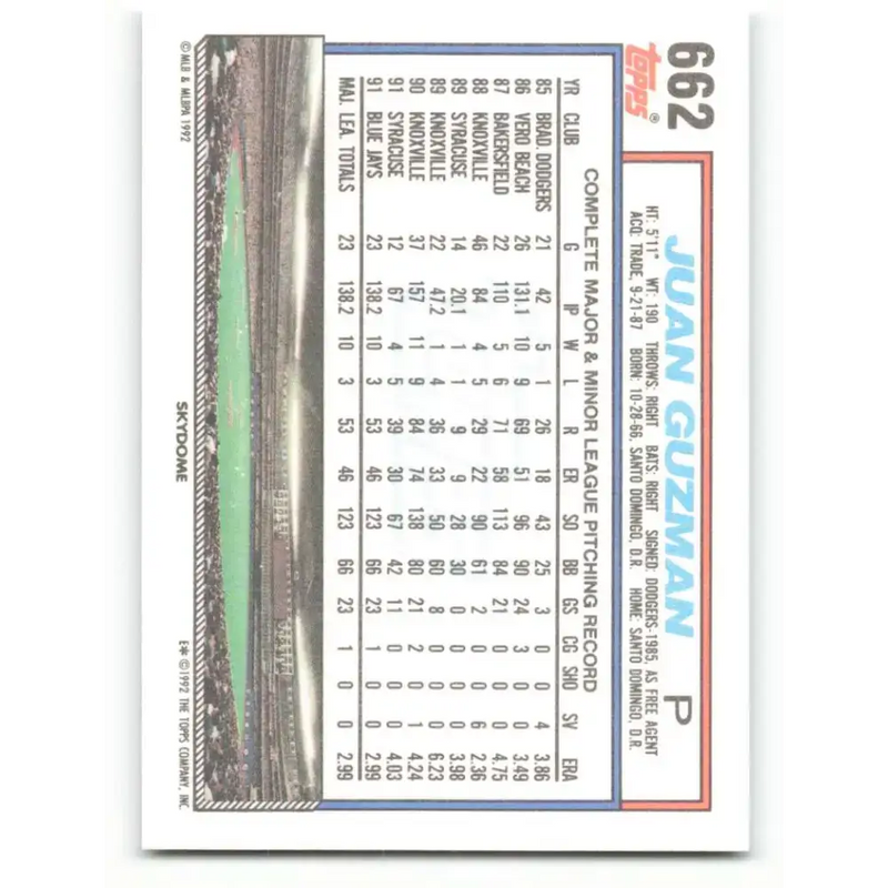 1992 Topps #662 Juan Guzman NM-MT Toronto Blue Jays Baseball Card - Baseball Card Single