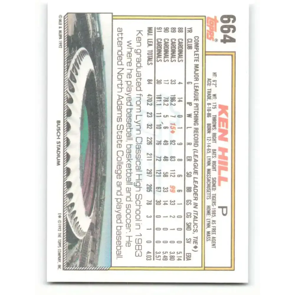 1992 Topps #664 Ken Hill NM-MT St. Louis Cardinals Baseball Card - Baseball Card Single