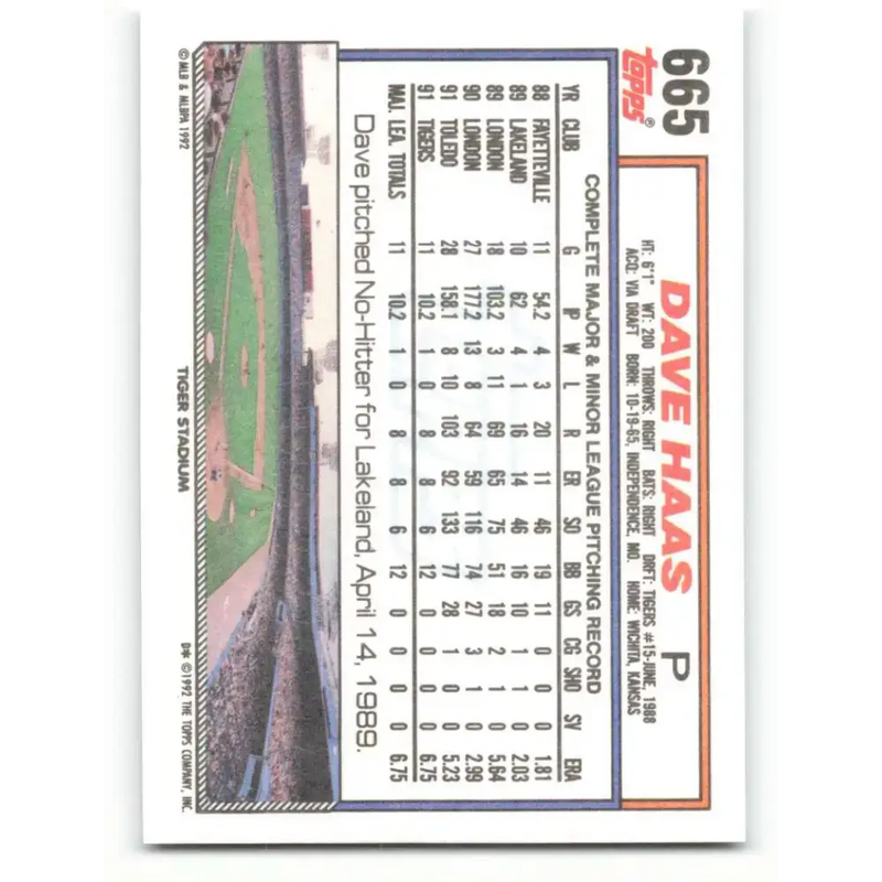 1992 Topps #665 Dave Haas NM-MT Detroit Tigers Baseball Card - Baseball Card Single