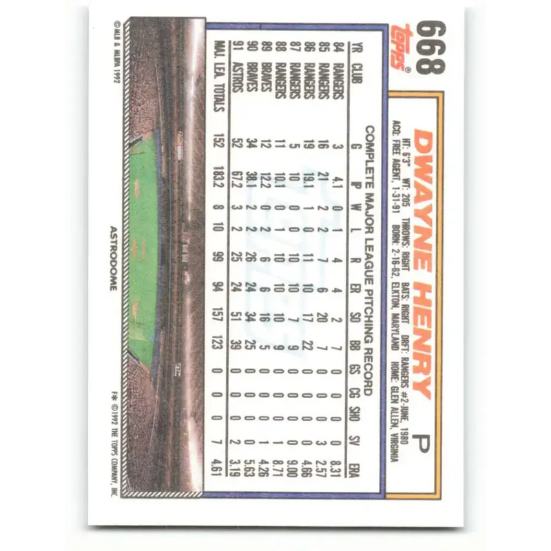 1992 Topps #668 Dwayne Henry NM-MT Houston Astros Baseball Card - Baseball Card Single