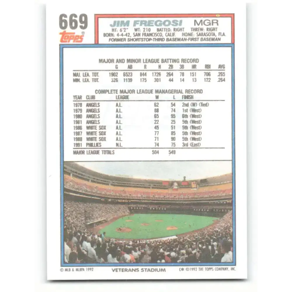 1992 Topps #669 Jim Fregosi NM-MT Philadelphia Phillies Baseball Card - Baseball Card Single