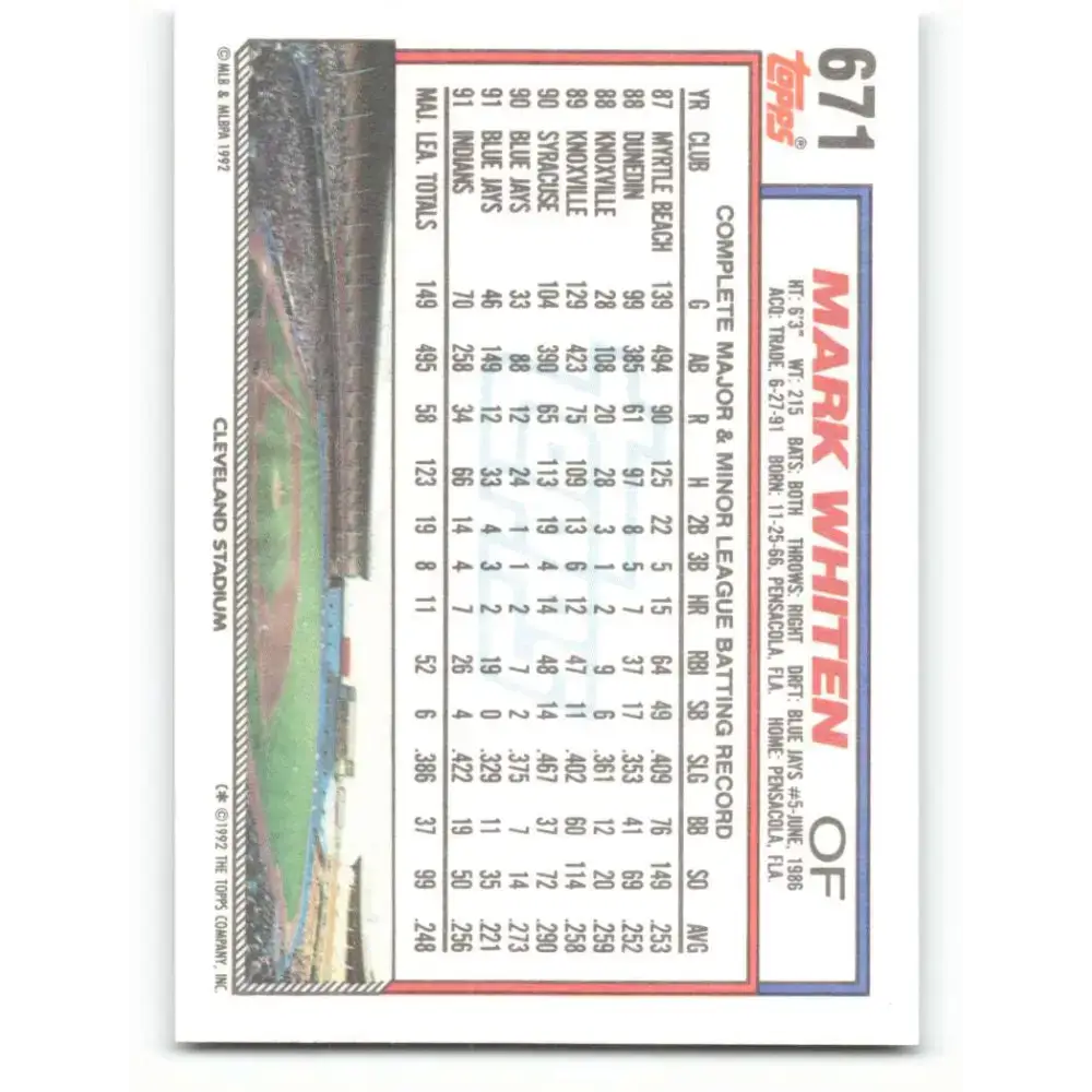 1992 Topps #671 Mark Whiten NM-MT Cleveland Indians Baseball Card - Baseball Card Single