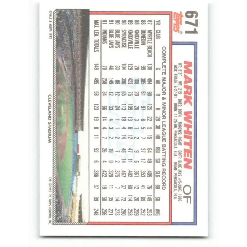 1992 Topps #671 Mark Whiten NM-MT Cleveland Indians Baseball Card - Baseball Card Single