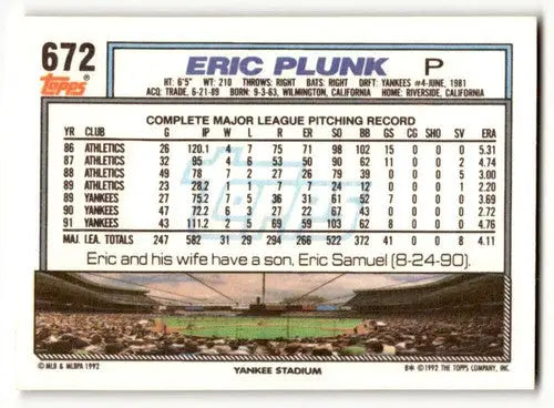 1992 Topps #672 Eric Plunk New York Yankees Baseball Cards EX/NM ID:55817 - Baseball Card Single