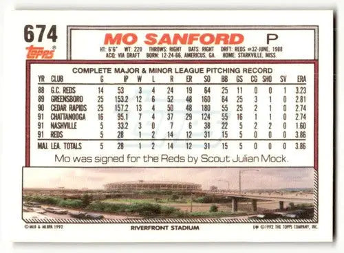 1992 Topps #674 Mo Sanford Cincinnati Reds Baseball Cards EX/NM ID:55887 - Baseball Card Single