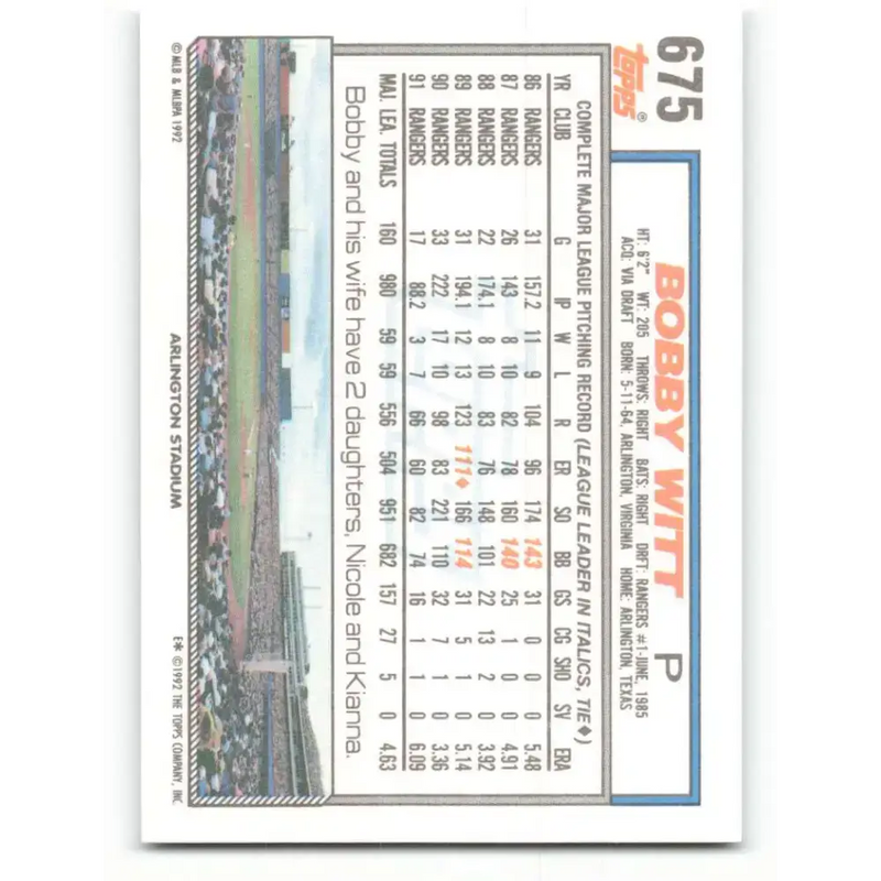 1992 Topps #675 Bobby Witt NM-MT Texas Rangers Baseball Card - Baseball Card Single